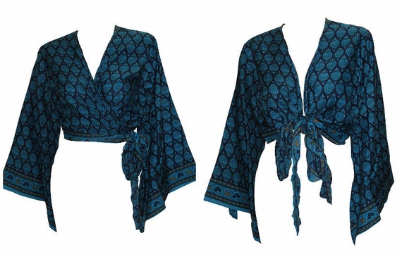 Recycled Retro Crop Top Bell Sleeves Boho Front Knot Wrap Blouse Free Size Up to 16 P35