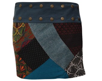 Womens Ladies 100% Upcycled Organic Cotton Reversible Abstract Patchwork Retro Mini Wrap Around Skirt P7