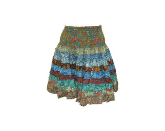 Recycled Womens Boho  Patchwork Abstract Silky Elasticated Waist Mini Skirt Up to 16 P5