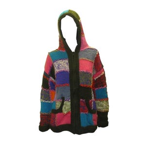 Recycled Colourblock Patchwork Knitted Fleece Lined  Boho  Embroidered Zipper Hoodie Jumper P8