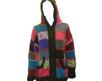 Recycled Colourblock Patchwork Knitted Fleece Lined  Boho  Embroidered Zipper Hoodie Jumper P8