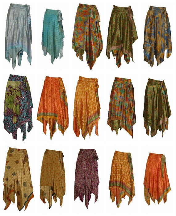 Upcycled Wrap- around Skirt Reversible Vintage Patchwork handkerchief Hem Boho Midi Free Size up to size 18 P73-P81