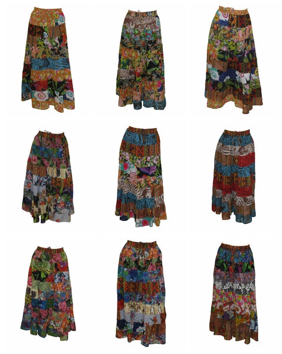 Upcycled Rockabilly Skirt Full Floral Mix tier Patchwork Skirt Multi Free Size up to 18 P29-P37