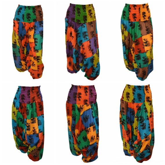Upcycled Cotton Harem Pants Patchwork Elephant boho loungewear Low crotch 2in1 Romper Free Size 8 To 18 P7-P12