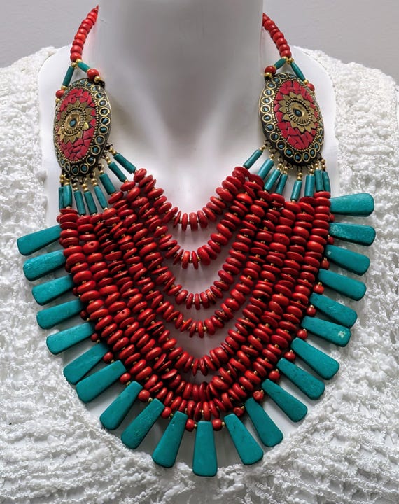 Collier Fantaisie Style Mexicain - Perles Rouges Et Boules Bleues - 39 Grammes - Occasion - Modèle W765