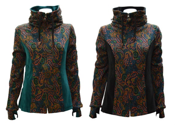 Womens Ladies Organic Cotton Sustainable Upcycled Paisley Print Velvet Patchwork Hooded Zip Jacket Size XL