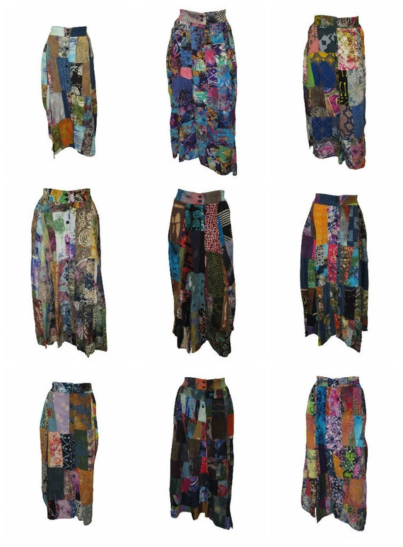 Boho Upcycled Patchwork Skirt A-line Retro Button Up Slit Hem Midi 8-12 P37-P45