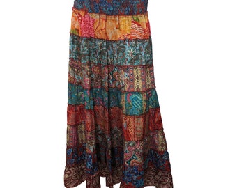 Recycled Sari Silk Maxi Boho Hipster Tiered Abstract Print Skirt Free size 8 to 22 P20