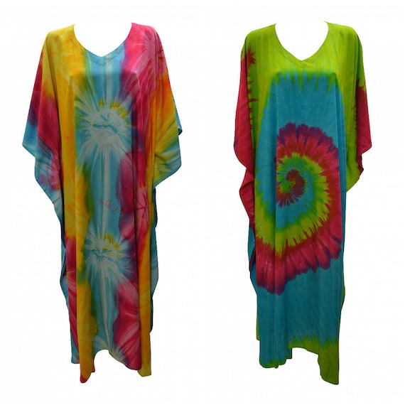 Womens Plus Size Kaftan Boho Hippie Abstract Tie-Dye Batwing Sleeves Loungewear Free Size Up To 38