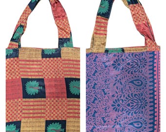 Recycled Reusable Reversible Sari Boho Lightweight Abstract Print Beach Tote Shoulder Bag P62