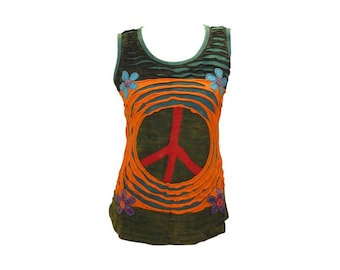 May include: A sleeveless tank top with a peace sign design. The top features an orange, green, and teal color scheme with a red peace symbol in the center. Decorative blue and purple flowers are also present.