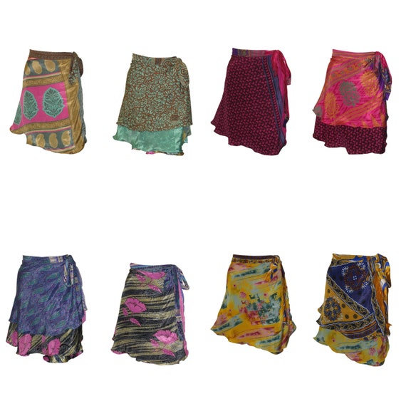 Upcycled Retro Reversible Skirt Boho Vintage Sari Layered Knot Miniskirt Free Size Up To 18 P95-100