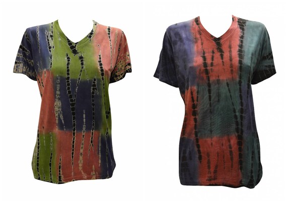 Tie-dye T-shirt Unisex Casual Block Patch V- neck Short Sleeve Festival Hippie Top Size M L XL