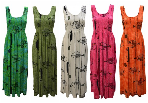 Womens Ladies Handmade Boho Fish Abstract Print Maxi Gypsy Elasticated Sleeveless Dress Free Size Up To 22 P1- P5