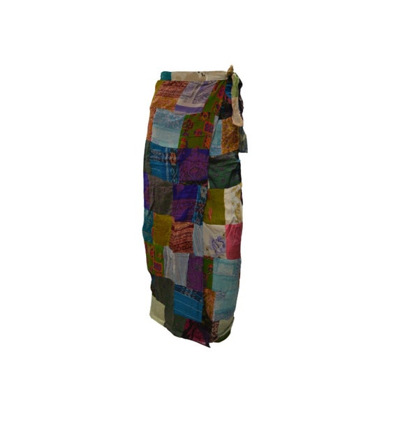 Boho hippie vintage style up-cycled reversible abstract patchwork maxi wrap skirt free size up to size 18 p263