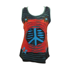 May include: A sleeveless shirt with a peace sign design in blue and red on a black and green background. The shirt has a distressed look with a ripped effect.
