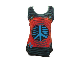 May include: A sleeveless shirt with a peace sign design in blue and red on a black and green background. The shirt has a distressed look with a ripped effect.