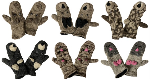 100% Wool Gloves Winter Knit boho Animal Mittens Fleece Lining Warm Cosy P7- P12