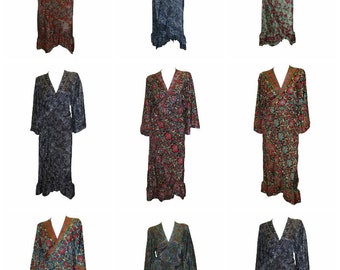 Recycled Kimono Maxi Retro Wrap Around Ruffle Long Dress Free Size Up To 22