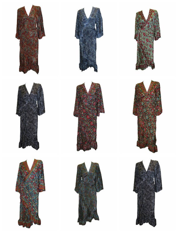 Recycled Kimono Maxi Retro Wrap Around Ruffle Long Dress Free Size Up To 22