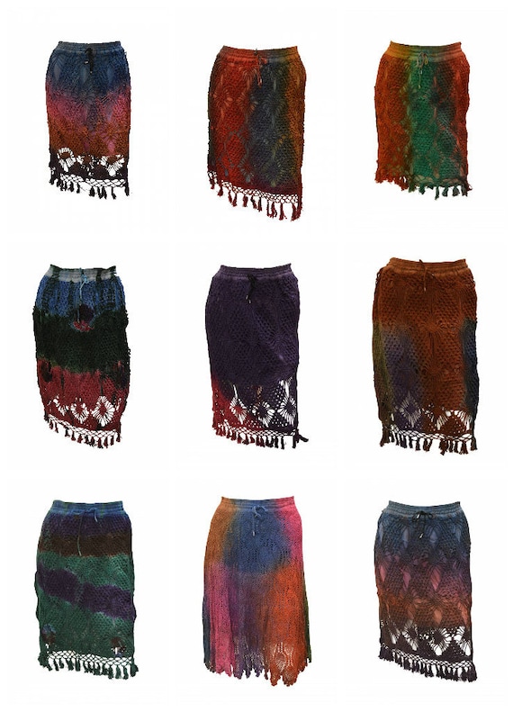 Cotton Upcycled Crochet Skirt Vintage Knitted Tassel Midi brown multi free size up to size 18