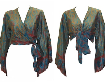 Recycled Retro Crop Top Bell Sleeves Boho Front Knot Wrap Blouse Free Size Up to 16 P83