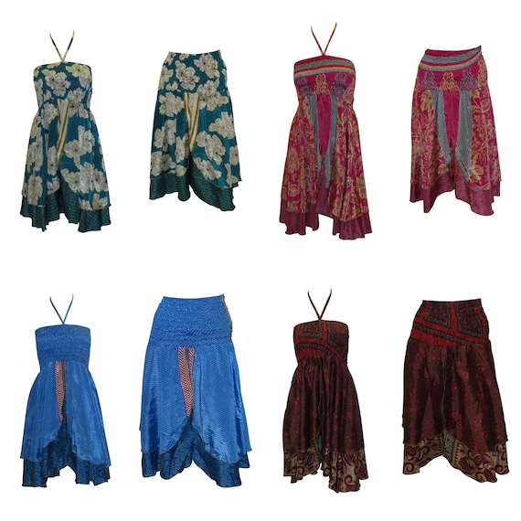 Upcycled 2IN1 Halterneck Tie Top Retro Print Layered Font Slit Skirt Free Size Up To 14 P23-P26