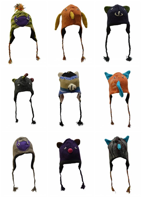 Handmade 100% Wool Knit Unisex Adults Kids Winter Character Hats Warm Fleece Lining One Size P10-P18