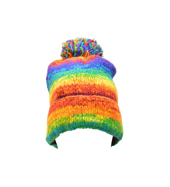 Handmade knit 100% Wool Beanie Pompom Hat Warm Winter Fleece lined Skull Cap Rainbow