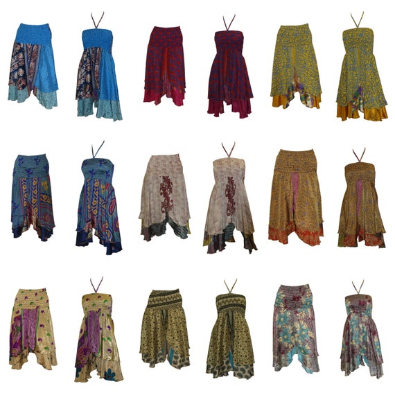 Upcycled 2IN1 Halterneck Tie Top Retro Print Layered Font Slit Skirt Free Size Up To 14 P2-P11
