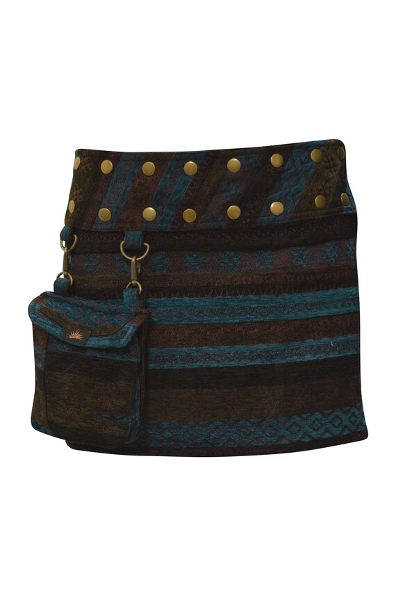 Womens Ladies Retro Print Stripe Reversible Wrap- around Skirt Gothic Detachable Pouch Bag Mini Multi
