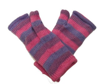 Handmade Knit 100% Wool Winter Striped Fingerless Gloves Warm Fleece Lining Hand Warmers One Size P4