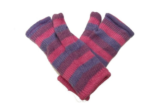 Handmade Knit 100% Wool Winter Striped Fingerless Gloves Warm Fleece Lining Hand Warmers One Size P4