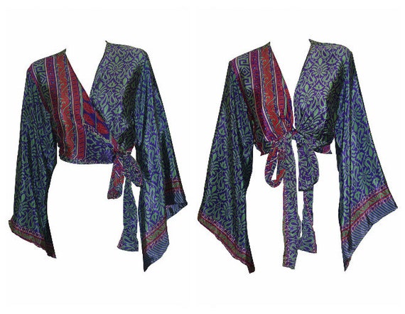 Recycled Retro Crop Top Bell Sleeves Boho Front Knot Wrap Blouse Free Size Up to 16 P29