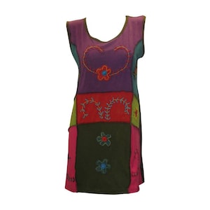 May include: A sleeveless patchwork dress with a heart-shaped design and floral embroidery. The dress is made of different colored fabrics, including purple, red, green, and pink.