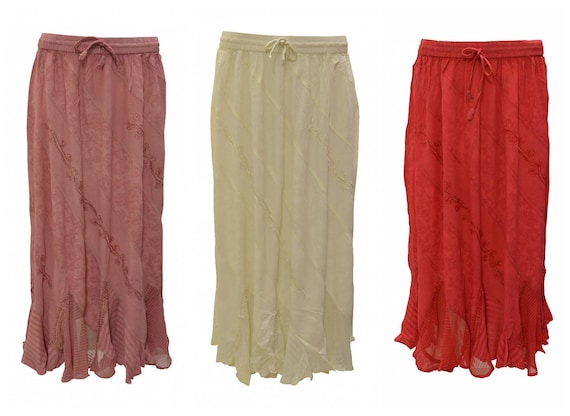 Womens Ladies Boho Gypsy Floral Embroidered Scallop Hem Maxi Skirt Free Size Up To 22