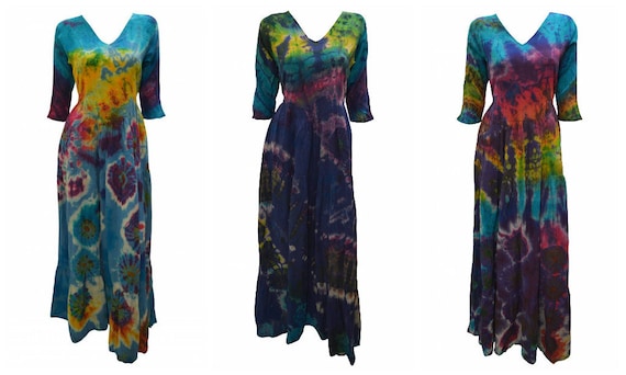 Handmade Cotton Maxi Unique Tie-dye Boho Full gypsy Tiered Skirt Dress Free size Up to 14