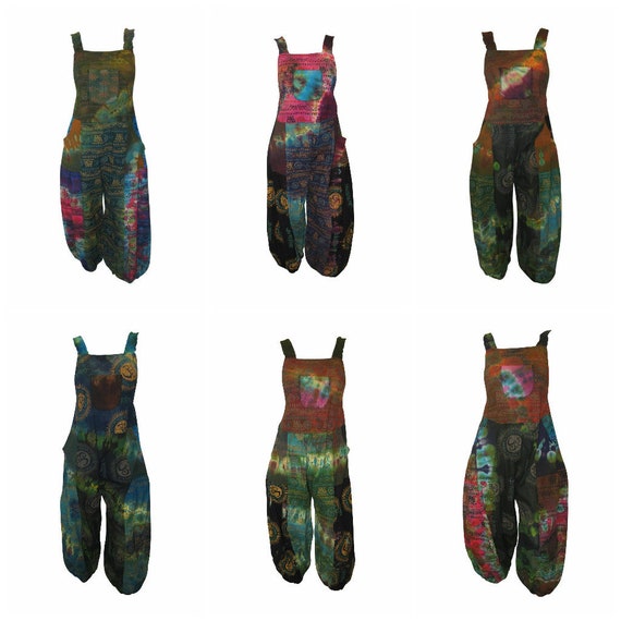 Recycled Tie-dye Om Dungarees Funky 100% Cotton Hippie Festival Patchwork Overalls Free Size Up To 18