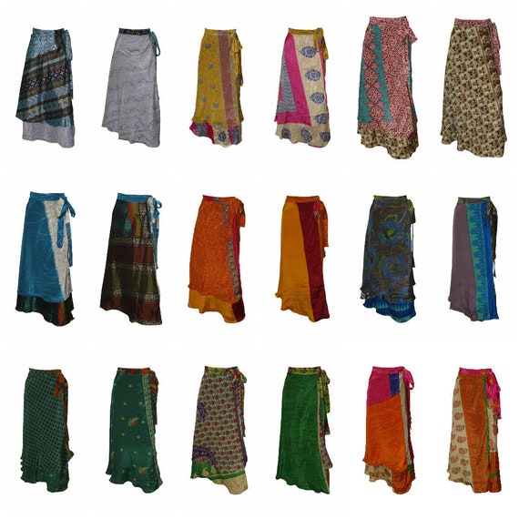 Upcycled Retro Reversible Skirt Vintage Sari A-line Layered Knot Boho Midi Free Size Up To 20 P113- P121