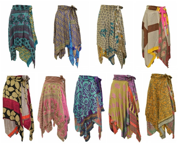 Upcycled Wrap- around Skirt Reversible Vintage Patchwork handkerchief Hem Boho Midi Free Size up to size 18 P322- P332