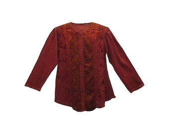Boho Vintage Style Floral Girls Blouse Panel Tie Back Embroidered Button Up Top Burgundy