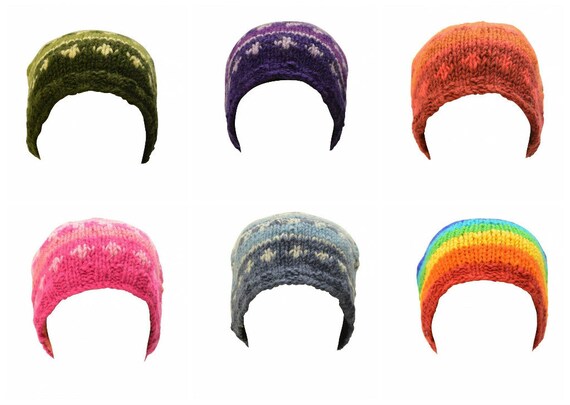 Handmade 100% Wool Beanie Unisex Adults Knit Hat Stripey Warm Fleece Lined boho Hippie Winter Cap p1- p8