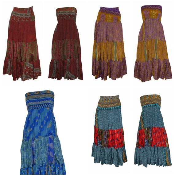Recycled 2in1 Skirt and Dress Retro Shirred Festival Boho Tiered Flowy Maxi Free Size Up To 20 P55-58