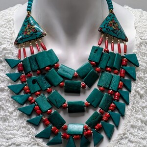 Statement Handmade Retro Tiered Multi Bead Chunky Dual Pendant Sustainable Necklace Green And Red