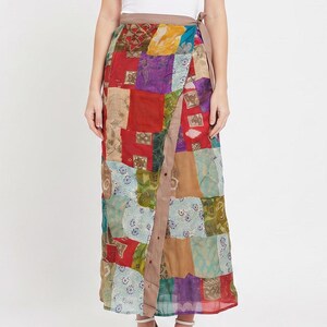 Falda cruzada de patchwork de rayón estilo bohemio: maxi abstracta reversible