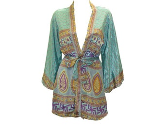 Recycled Retro Kimono Robe Boho Abstract print Mini Wrap Beach Cover up Free Size Up To 12 P13