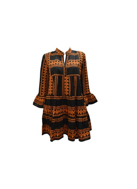 100% Cotton Smock Dress Embroidered Swing Mini Flouncy Frock Size S M L
