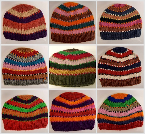 Handmade knit Beanies 100% wool unisex adults hat stripey warm fleece lined boho hippie winter cap P1-P9
