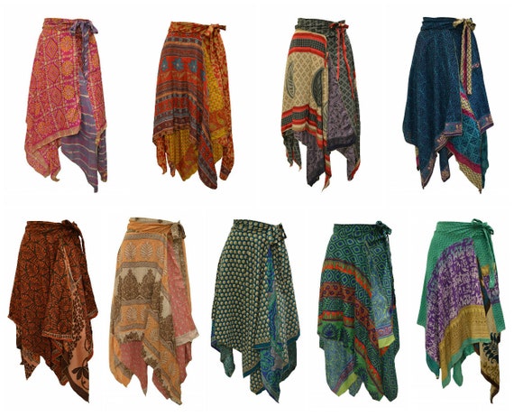 Upcycled Wrap- around Skirt Reversible Vintage Patchwork handkerchief Hem Boho Midi Free Size up to size 18 P284- P306