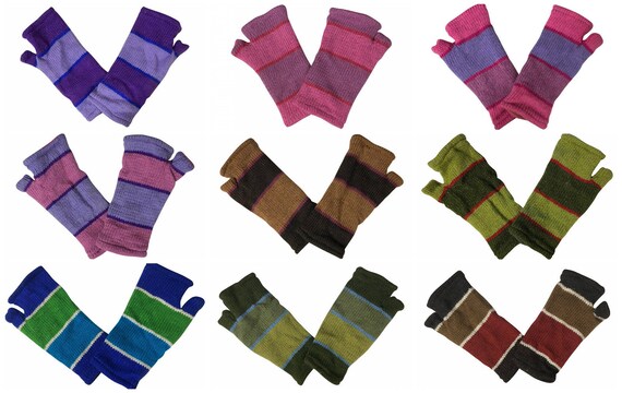 Handmade Knit Handwarmers 100% Wool Winter Striped Fingerless Fleece Lined Gloves One Size P59- P67
